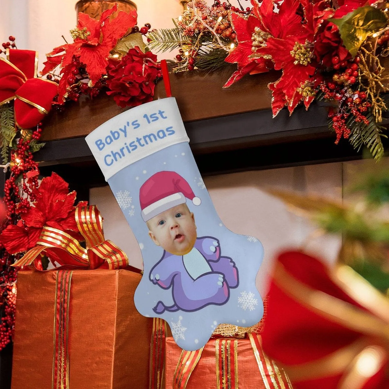 16.6in(L) Plus Size-Custom Baby's Face&Text Socks Paw Christmas Stocking Holiday Decor Gifts