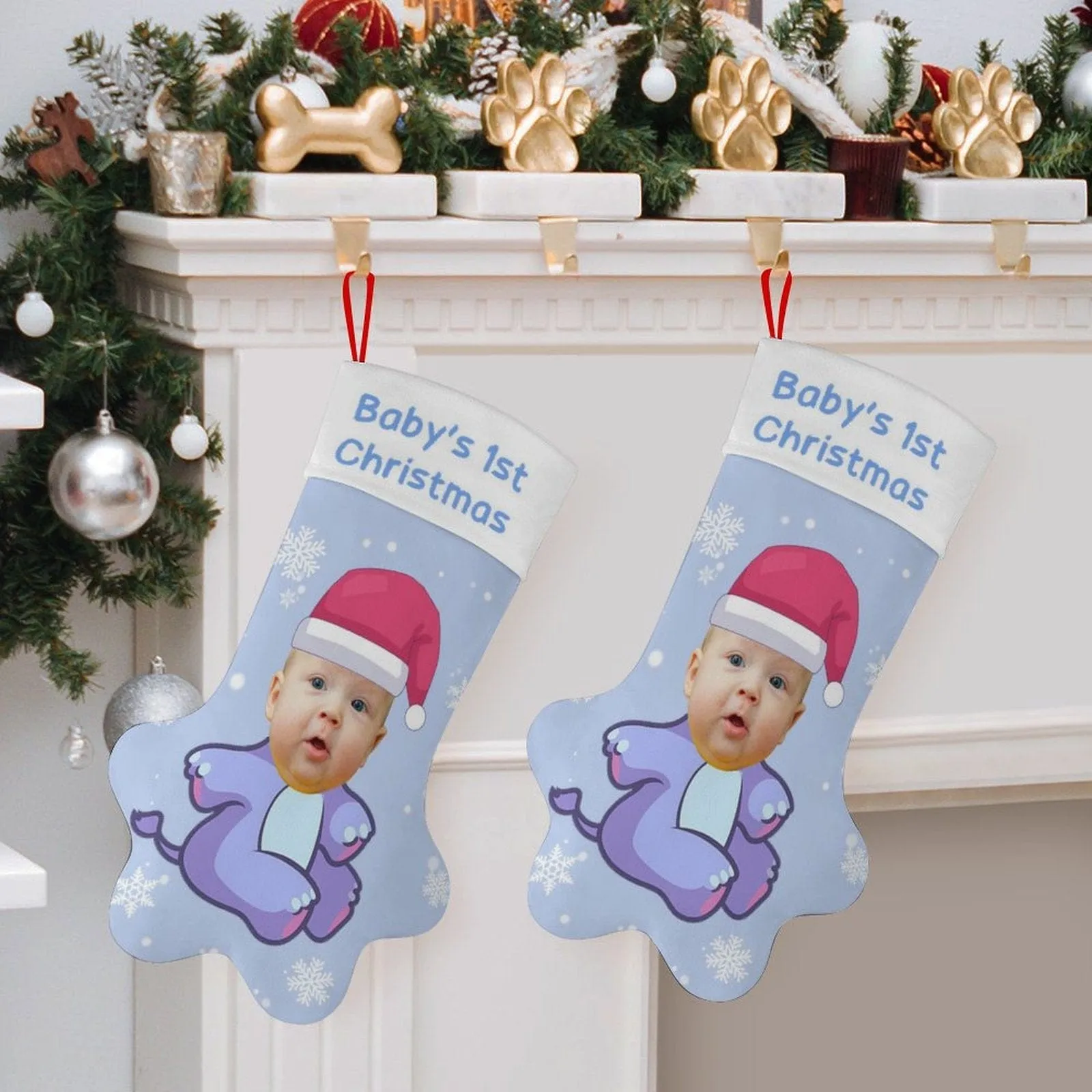 16.6in(L) Plus Size-Custom Baby's Face&Text Socks Paw Christmas Stocking Holiday Decor Gifts