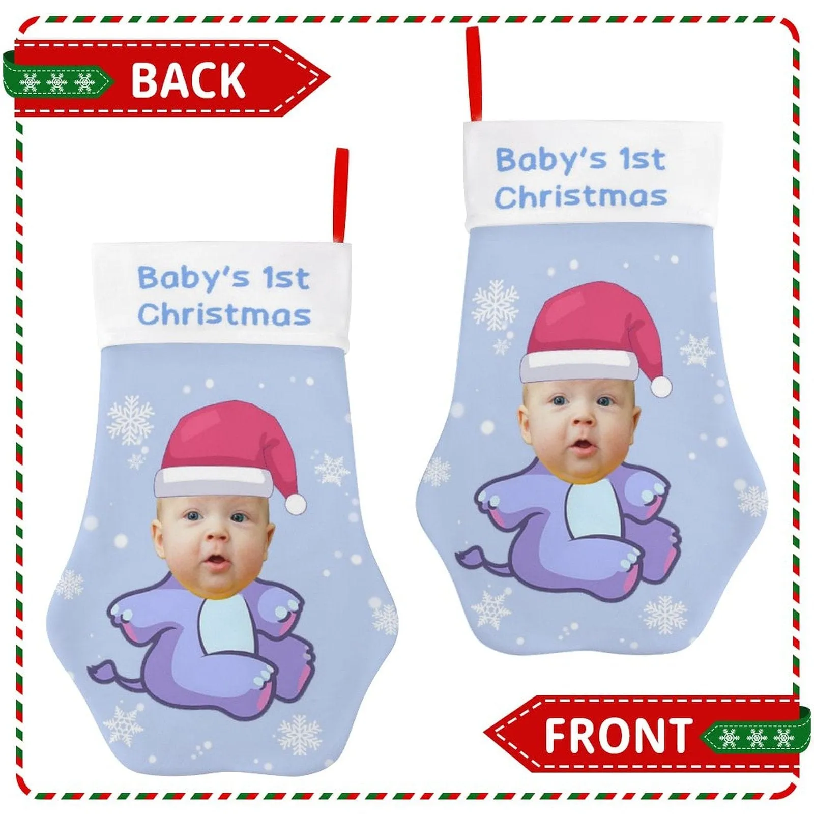 16.6in(L) Plus Size-Custom Baby's Face&Text Socks Paw Christmas Stocking Holiday Decor Gifts