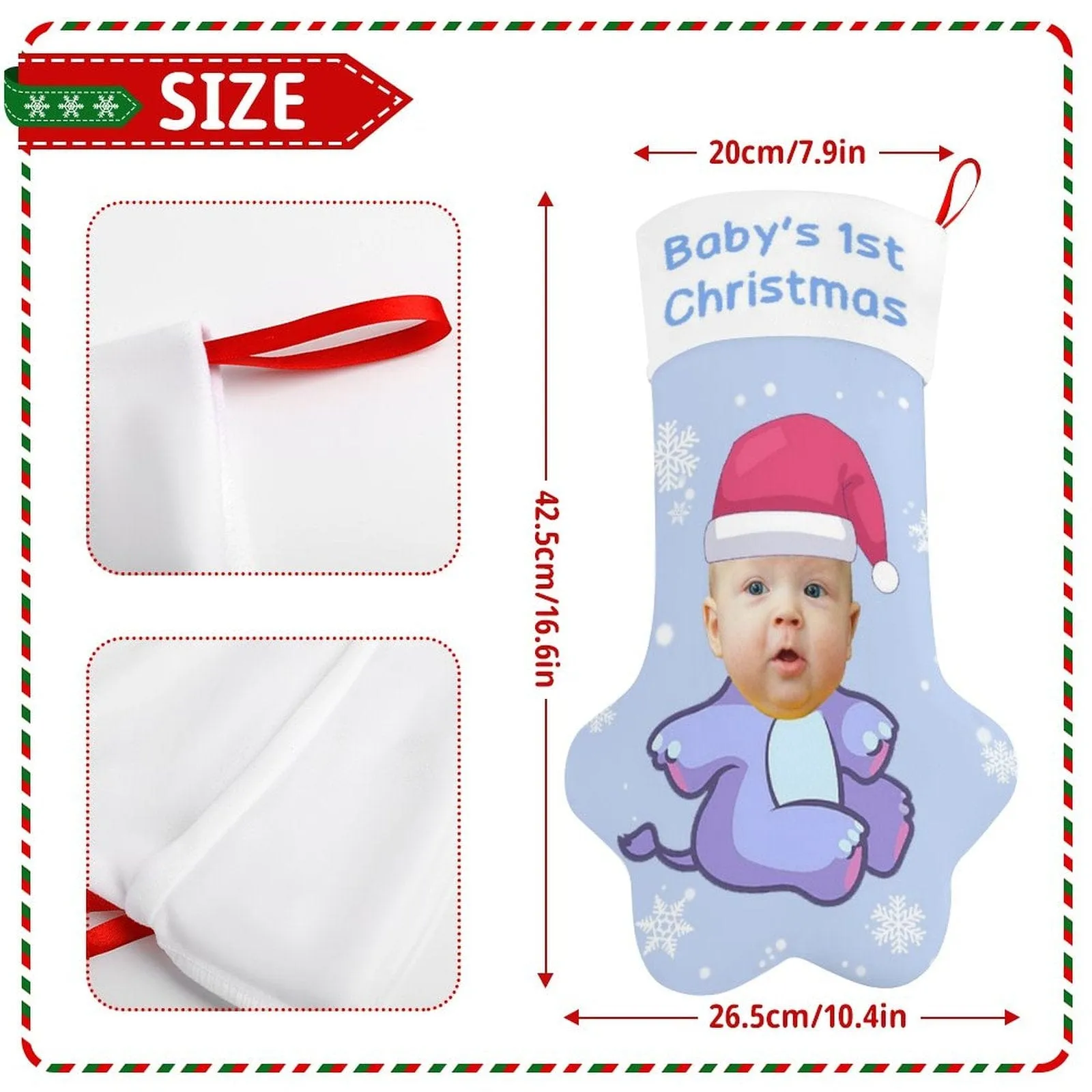 16.6in(L) Plus Size-Custom Baby's Face&Text Socks Paw Christmas Stocking Holiday Decor Gifts