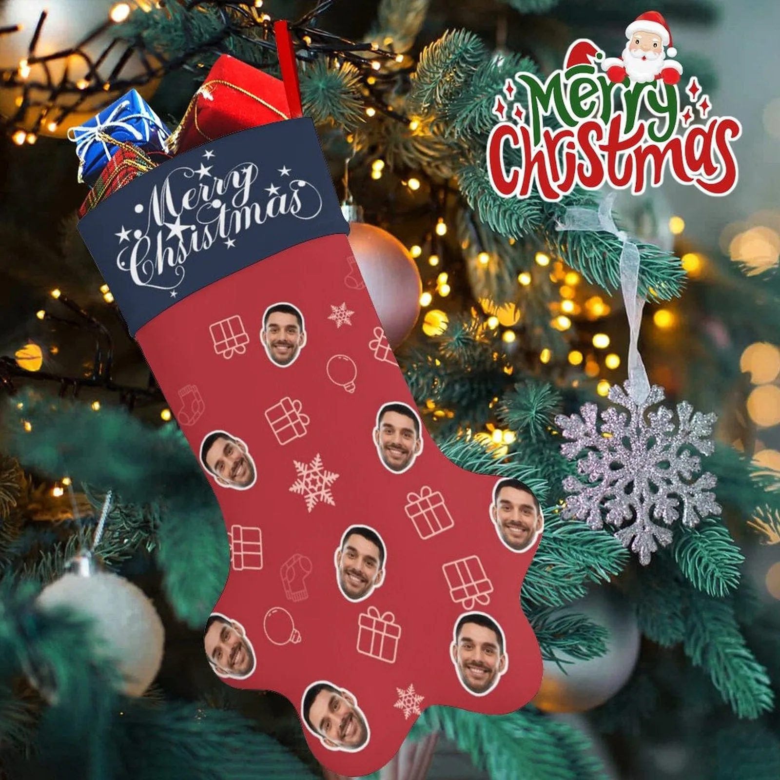 16.6in(L) Plus Size-Custom Face Socks Paw Christmas Stocking Holiday Decor Gifts
