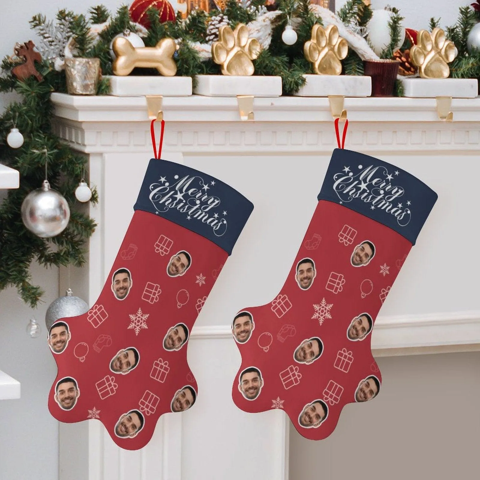 16.6in(L) Plus Size-Custom Face Socks Paw Christmas Stocking Holiday Decor Gifts