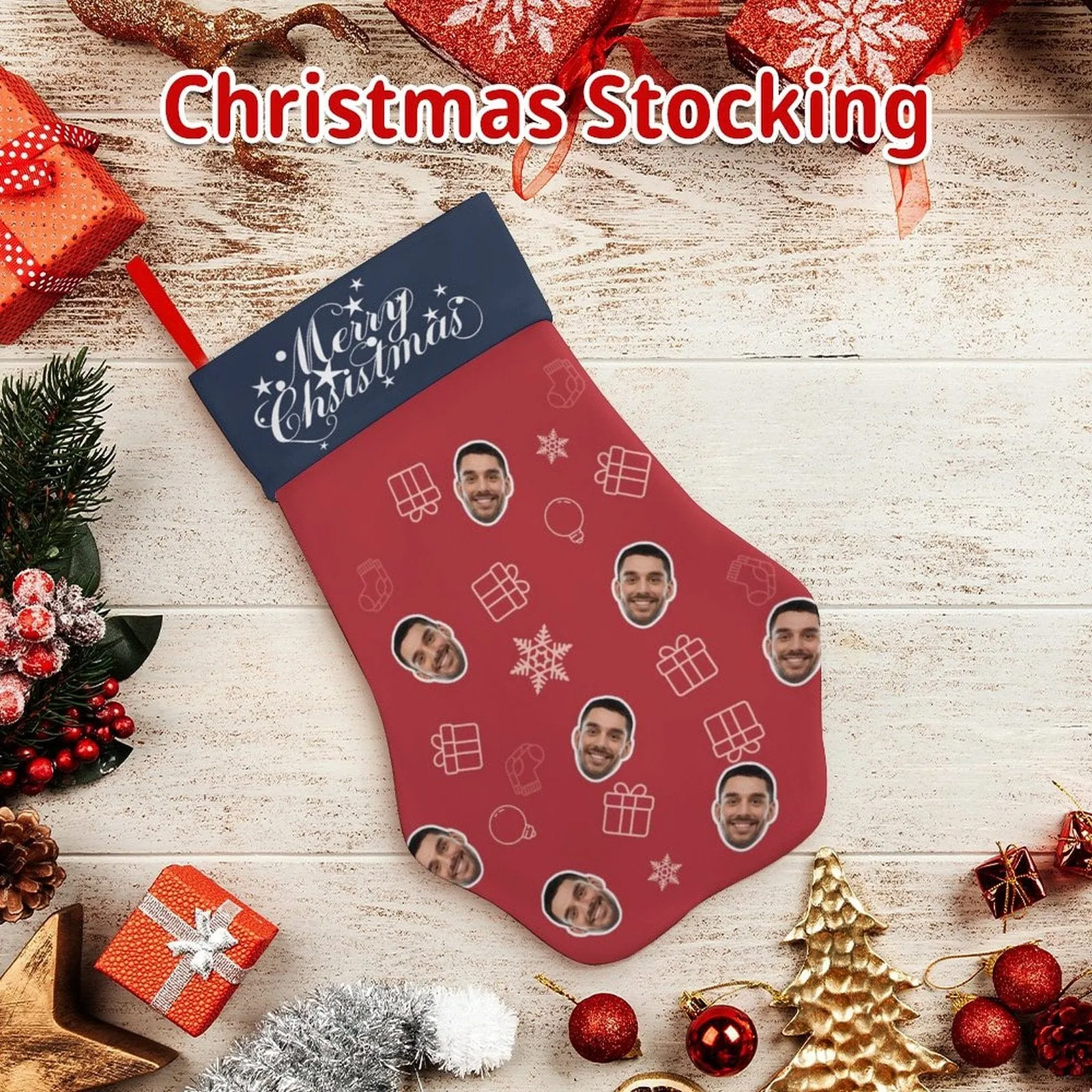 16.6in(L) Plus Size-Custom Face Socks Paw Christmas Stocking Holiday Decor Gifts