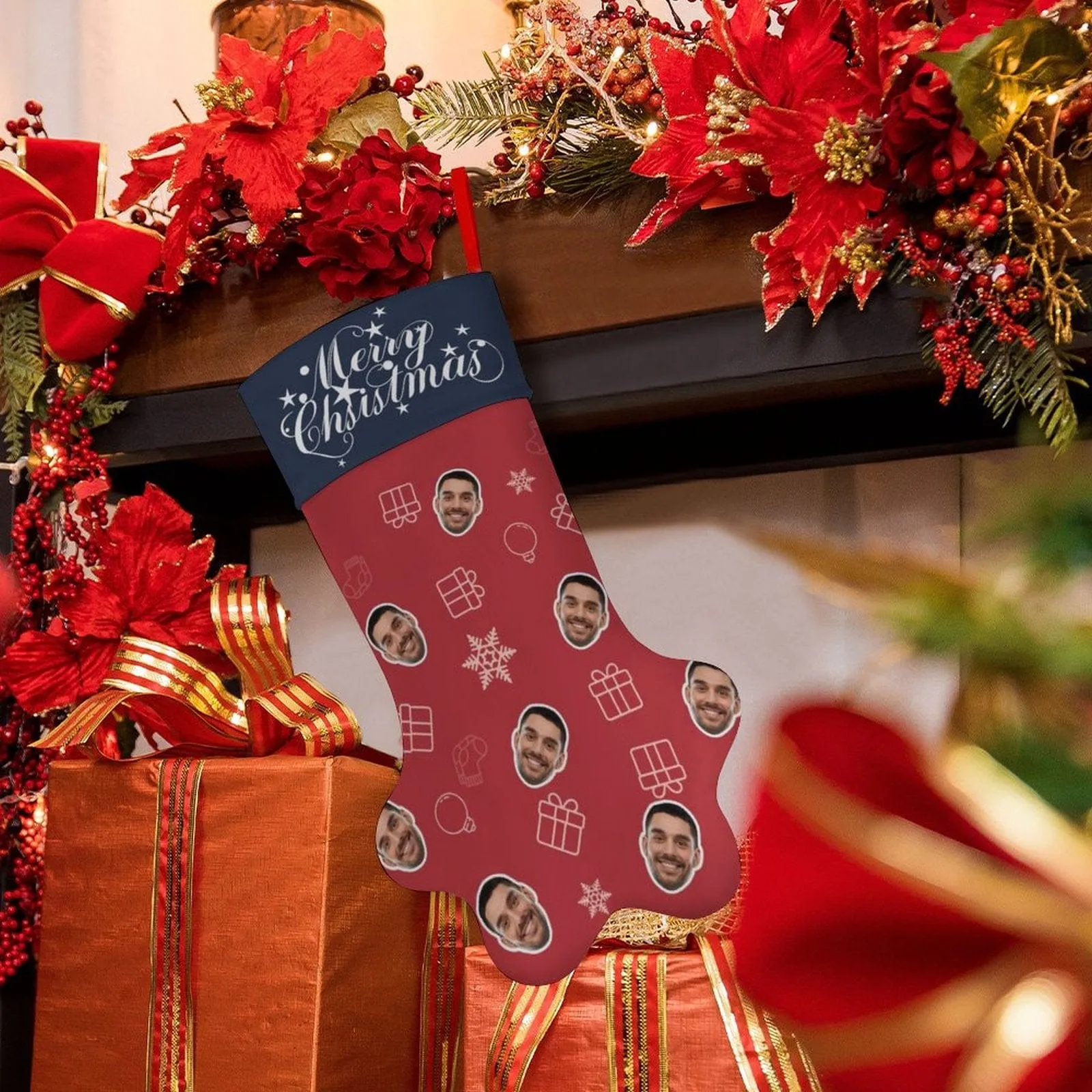 16.6in(L) Plus Size-Custom Face Socks Paw Christmas Stocking Holiday Decor Gifts