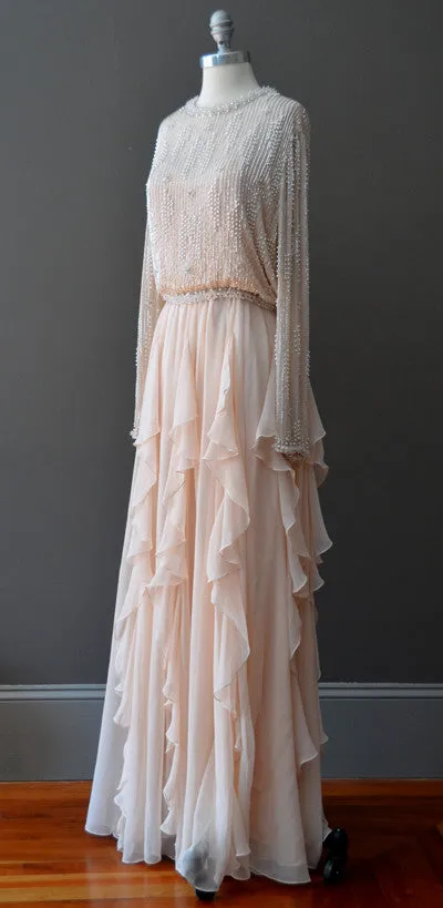 1970s Beaded Silk Chiffon Flutter Hem Gown Maxi Dress