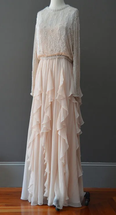 1970s Beaded Silk Chiffon Flutter Hem Gown Maxi Dress