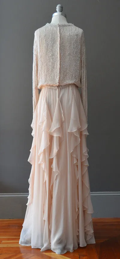 1970s Beaded Silk Chiffon Flutter Hem Gown Maxi Dress