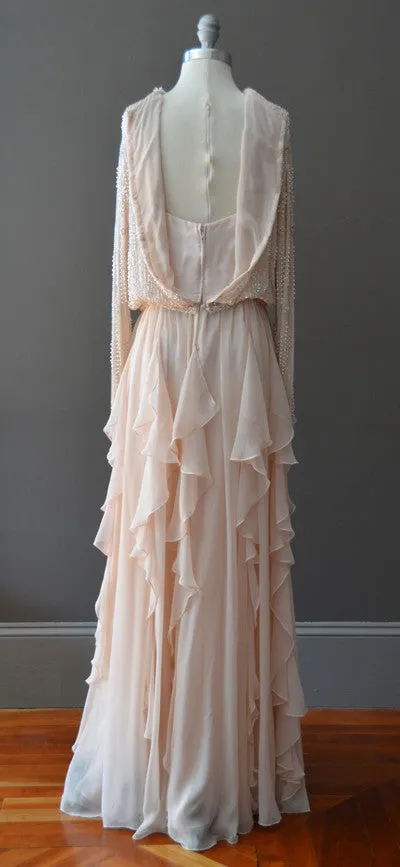 1970s Beaded Silk Chiffon Flutter Hem Gown Maxi Dress