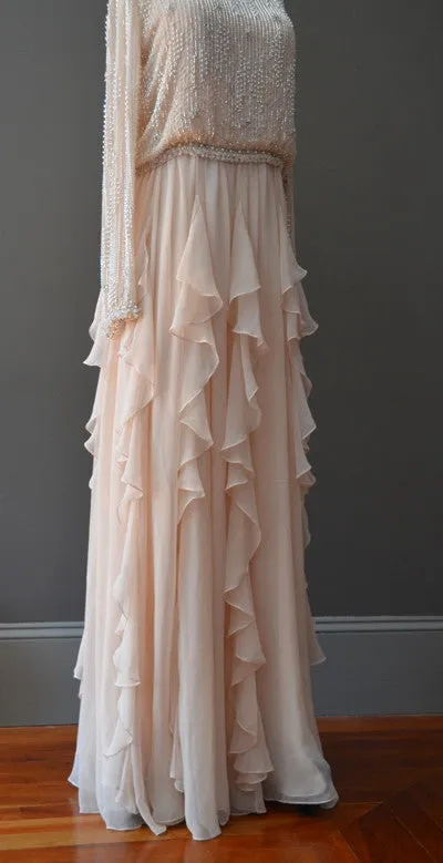 1970s Beaded Silk Chiffon Flutter Hem Gown Maxi Dress