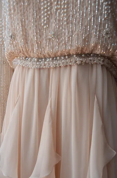 1970s Beaded Silk Chiffon Flutter Hem Gown Maxi Dress