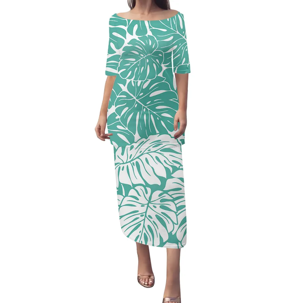 2-piece set Samoan Puletasi Dress Tradition Polynesian Print Mermaid Dresses Off Shoulder Half sleeve Puletasi Dresses for Women