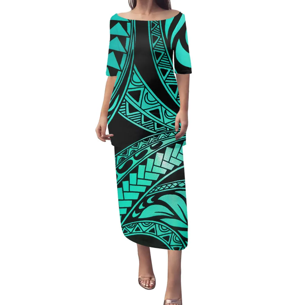 2-piece set Samoan Puletasi Dress Tradition Polynesian Print Mermaid Dresses Off Shoulder Half sleeve Puletasi Dresses for Women