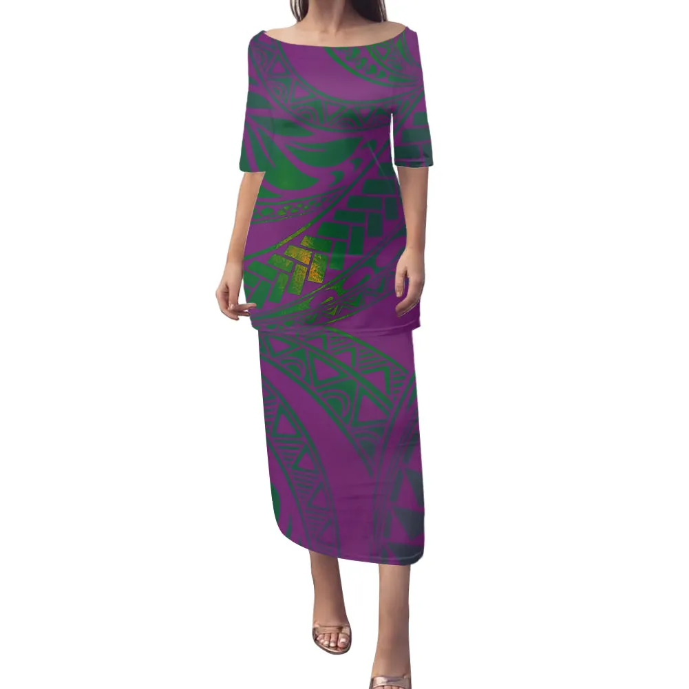 2-piece set Samoan Puletasi Dress Tradition Polynesian Print Mermaid Dresses Off Shoulder Half sleeve Puletasi Dresses for Women