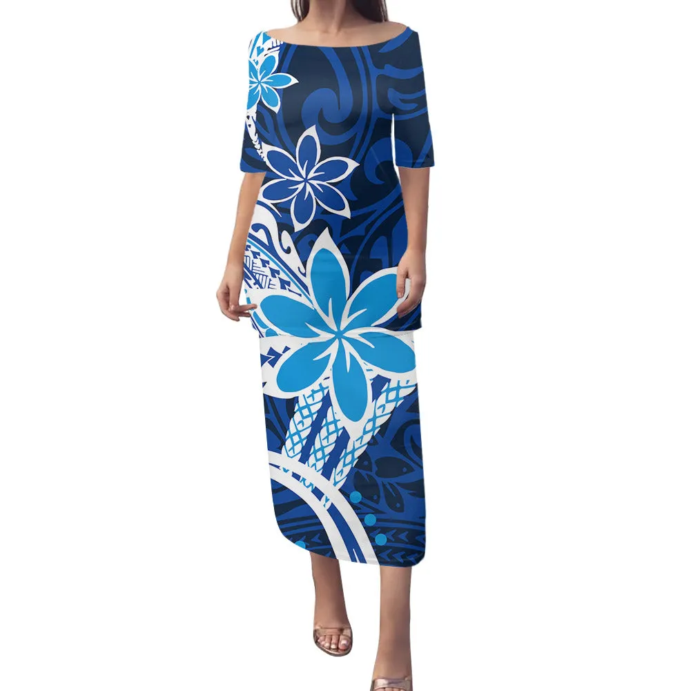 2-piece set Samoan Puletasi Dress Tradition Polynesian Print Mermaid Dresses Off Shoulder Half sleeve Puletasi Dresses for Women