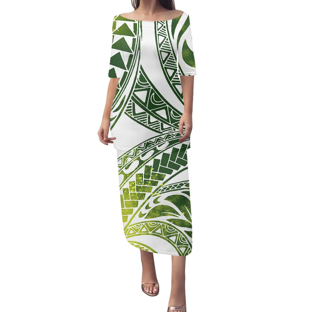 2-piece set Samoan Puletasi Dress Tradition Polynesian Print Mermaid Dresses Off Shoulder Half sleeve Puletasi Dresses for Women