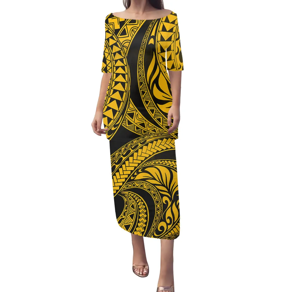 2-piece set Samoan Puletasi Dress Tradition Polynesian Print Mermaid Dresses Off Shoulder Half sleeve Puletasi Dresses for Women