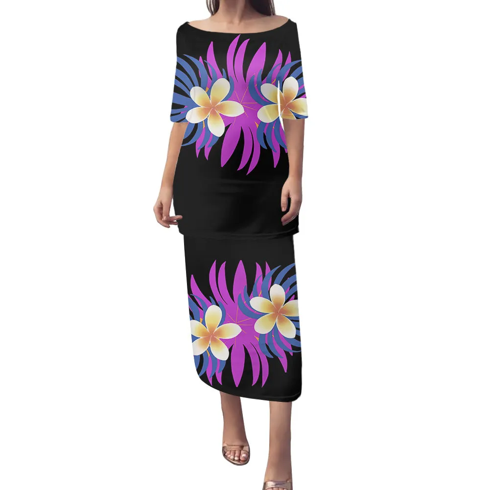 2-piece set Samoan Puletasi Dress Tradition Polynesian Print Mermaid Dresses Off Shoulder Half sleeve Puletasi Dresses for Women