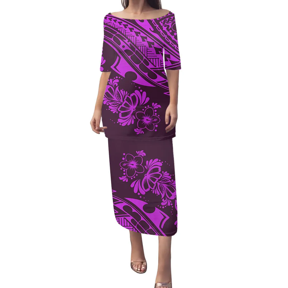 2-piece set Samoan Puletasi Dress Tradition Polynesian Print Mermaid Dresses Off Shoulder Half sleeve Puletasi Dresses for Women