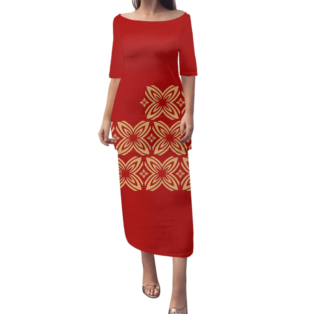2-piece set Samoan Puletasi Dress Tradition Polynesian Print Mermaid Dresses Off Shoulder Half sleeve Puletasi Dresses for Women