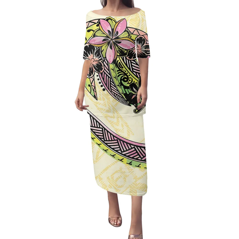 2-piece set Samoan Puletasi Dress Tradition Polynesian Print Mermaid Dresses Off Shoulder Half sleeve Puletasi Dresses for Women