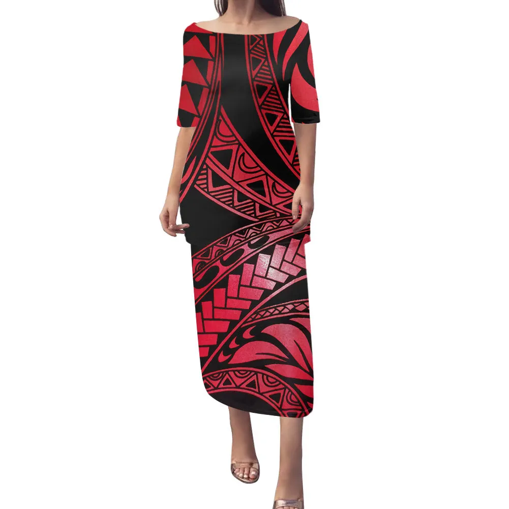 2-piece set Samoan Puletasi Dress Tradition Polynesian Print Mermaid Dresses Off Shoulder Half sleeve Puletasi Dresses for Women