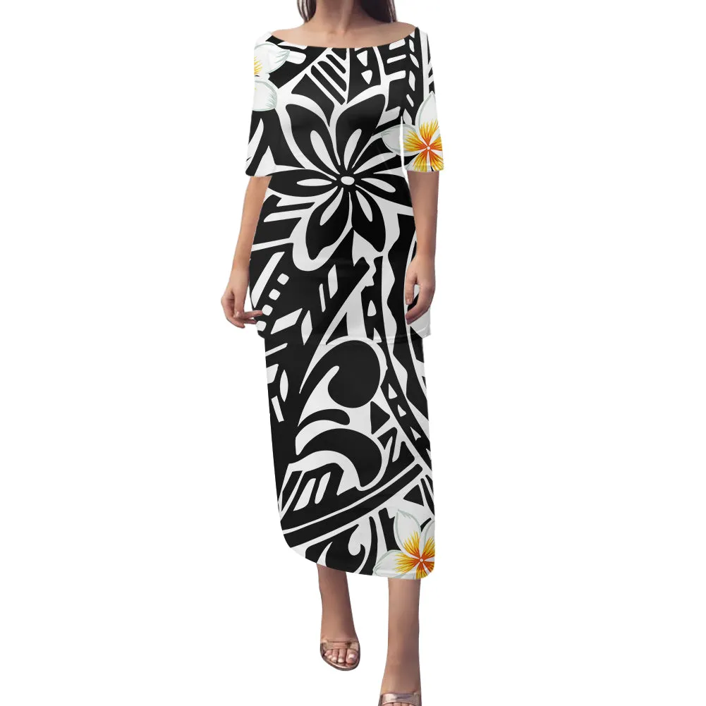 2-piece set Samoan Puletasi Dress Tradition Polynesian Print Mermaid Dresses Off Shoulder Half sleeve Puletasi Dresses for Women