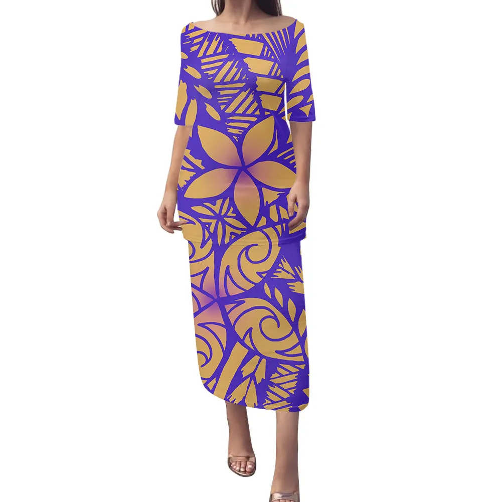 2-piece set Samoan Puletasi Dress Tradition Polynesian Print Mermaid Dresses Off Shoulder Half sleeve Puletasi Dresses for Women