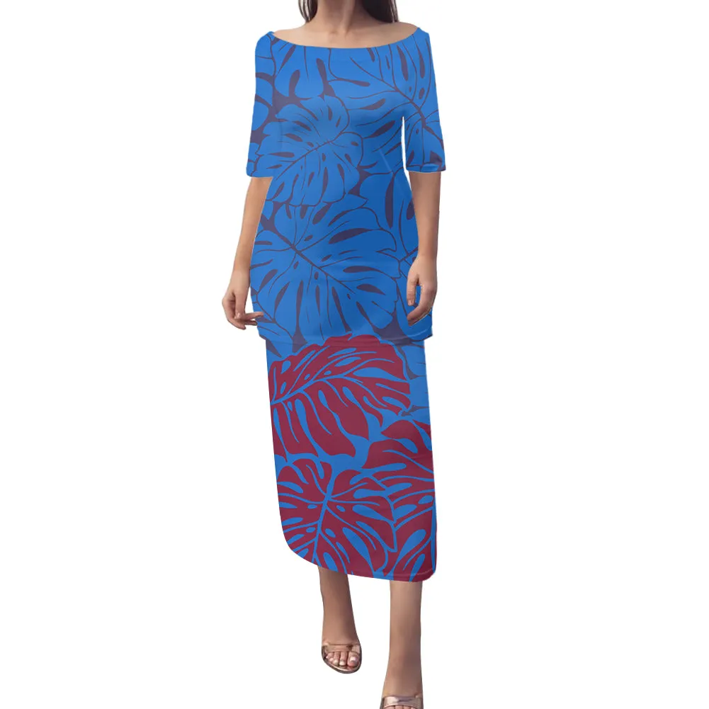 2-piece set Samoan Puletasi Dress Tradition Polynesian Print Mermaid Dresses Off Shoulder Half sleeve Puletasi Dresses for Women