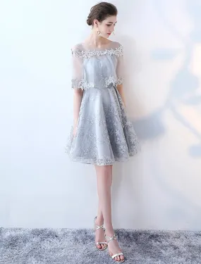 A-Line Minimalist Elegant Party Wear Cocktail Party Dress Jewel Neck Half Sleeve Short / Mini Tulle with Lace Insert Pattern / Print