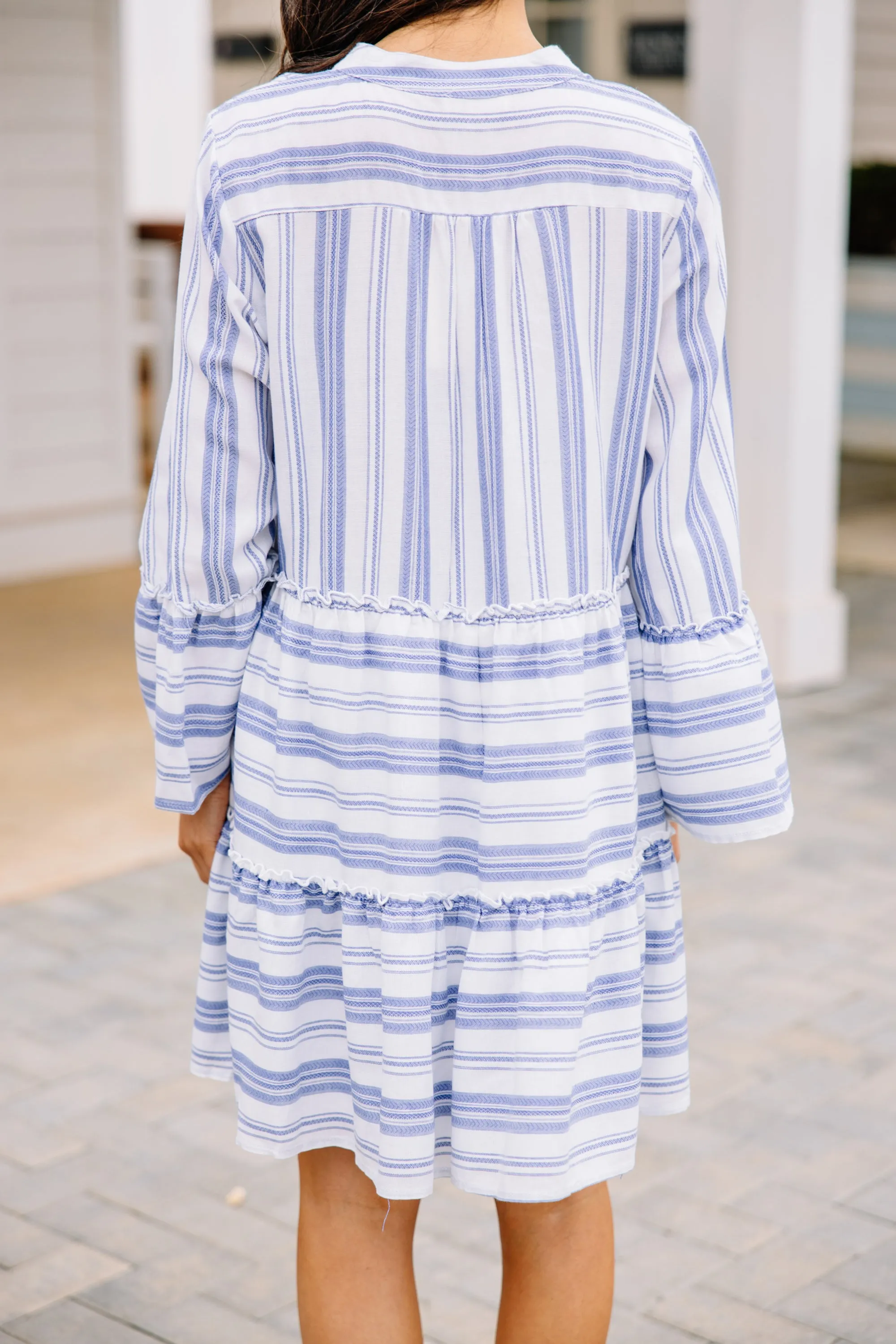 All The Above Blue Striped Tiered Dress