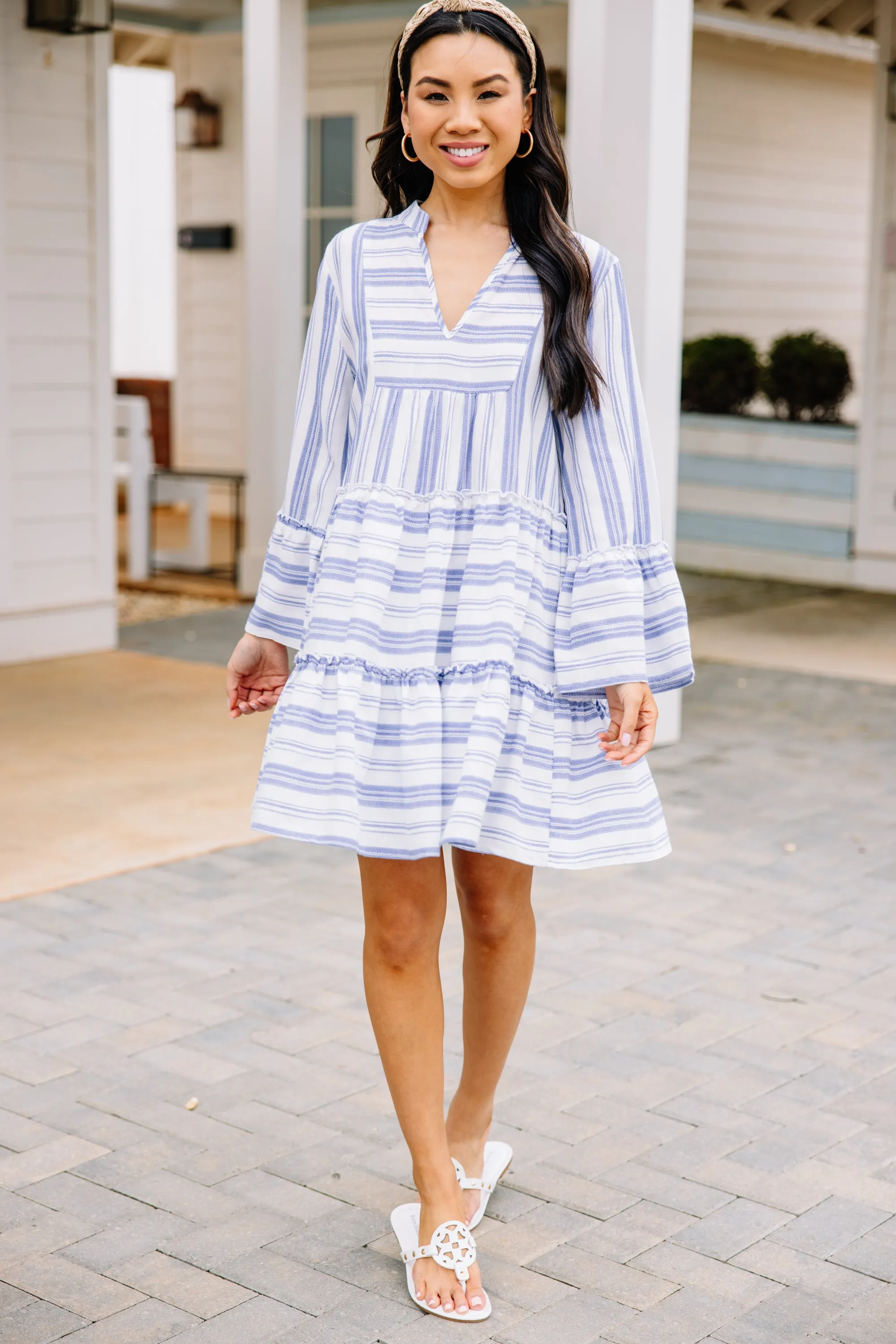 All The Above Blue Striped Tiered Dress