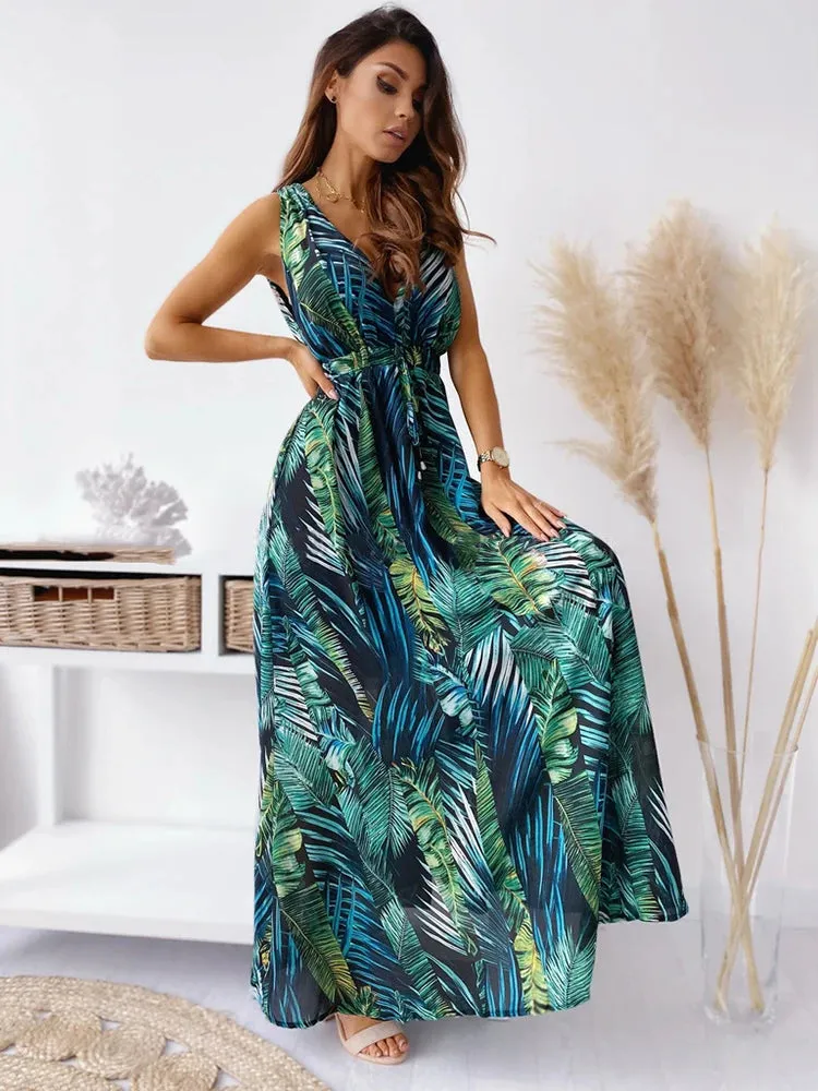 Amy Fashion - Deep V Neck Print Sleeveless Boho Dress