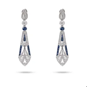 Art Deco Inspired Diamond Sapphire Platinum Dangle Earrings