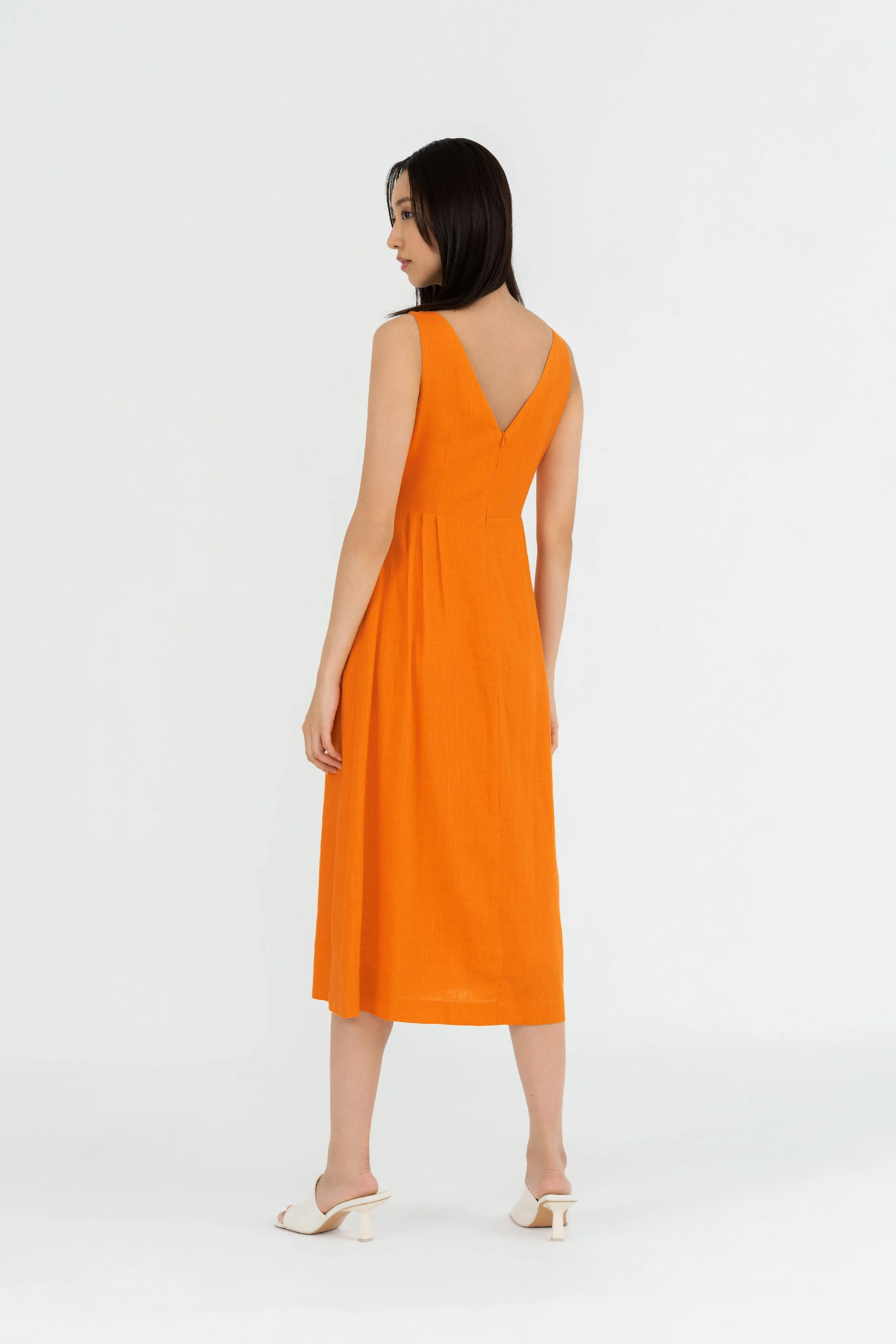 Aurelia Pleated Midi Dress in Tangerine Orange