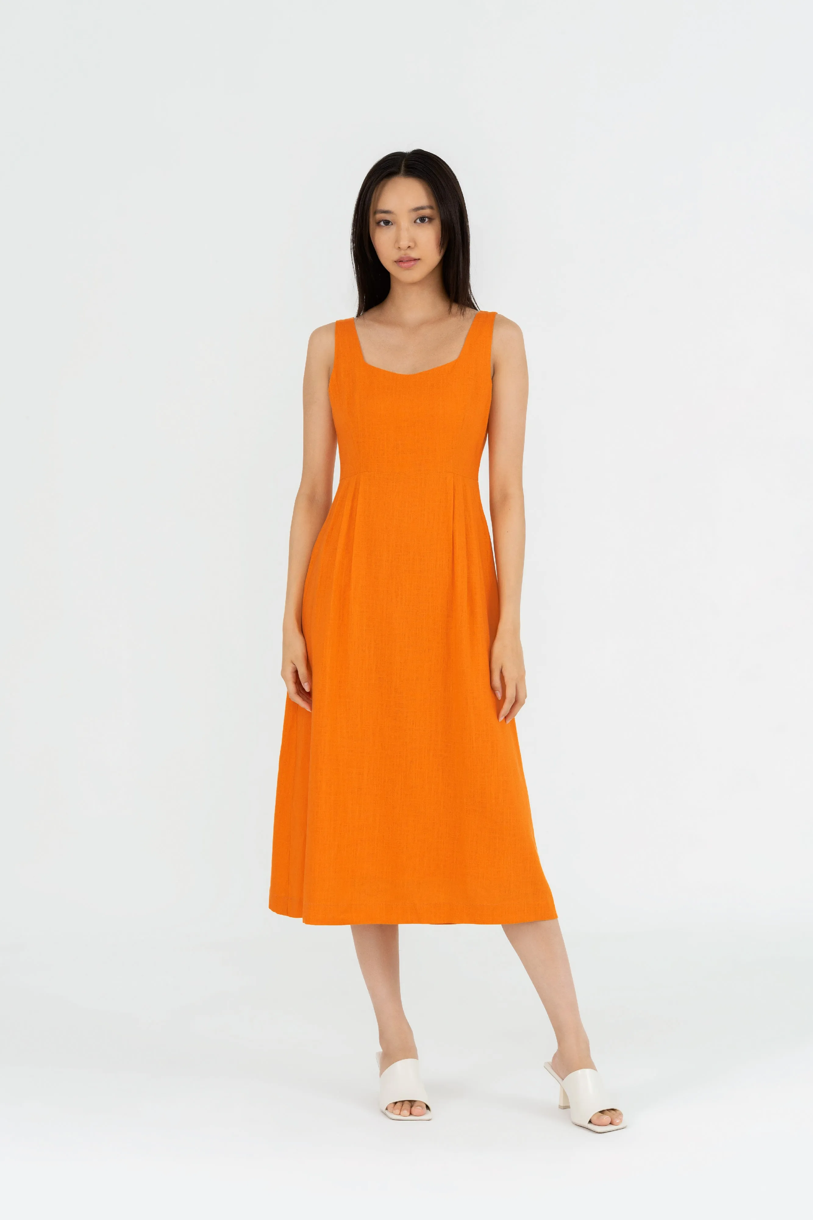 Aurelia Pleated Midi Dress in Tangerine Orange