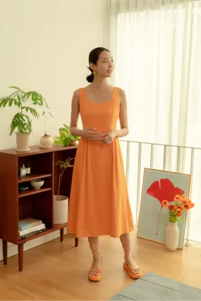 Aurelia Pleated Midi Dress in Tangerine Orange
