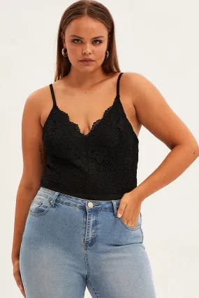 Black Bodysuit V Scalloped Neck Strappy Lace