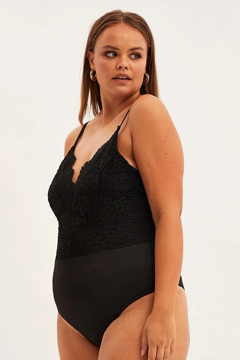 Black Bodysuit V Scalloped Neck Strappy Lace