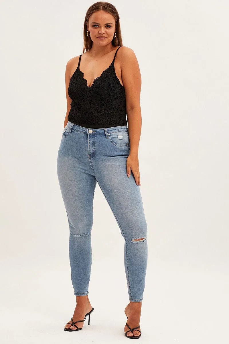 Black Bodysuit V Scalloped Neck Strappy Lace