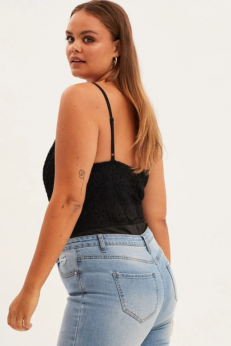 Black Bodysuit V Scalloped Neck Strappy Lace