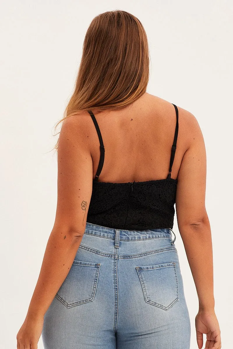 Black Bodysuit V Scalloped Neck Strappy Lace