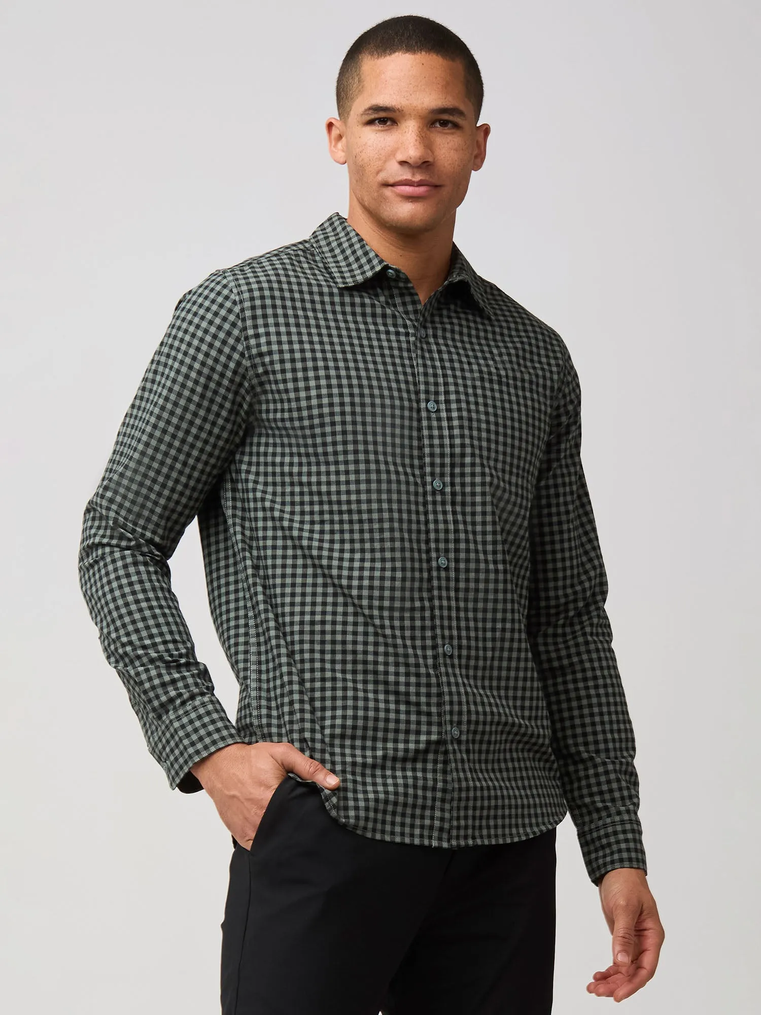 Black   Mercury Green Gingham Long Sleeve Button Up