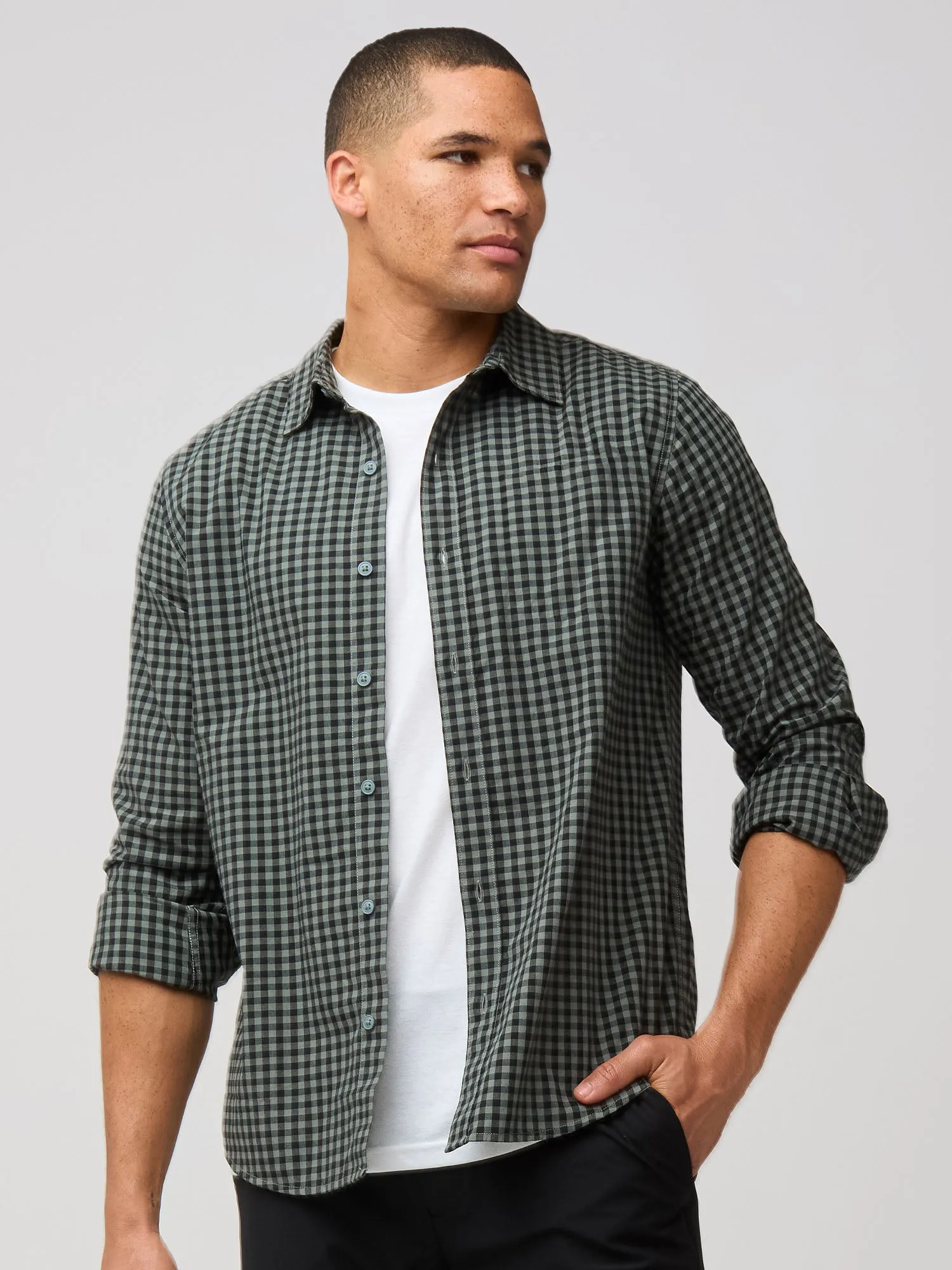 Black   Mercury Green Gingham Long Sleeve Button Up