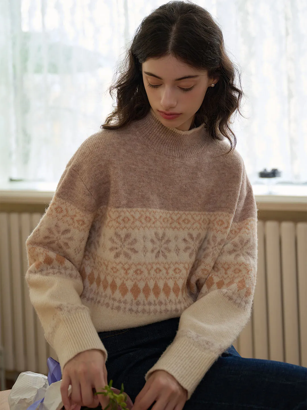 Caroline Patchwork Geometric Off-Shoulder Sweater