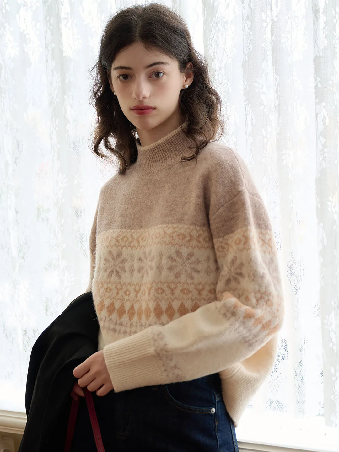 Caroline Patchwork Geometric Off-Shoulder Sweater