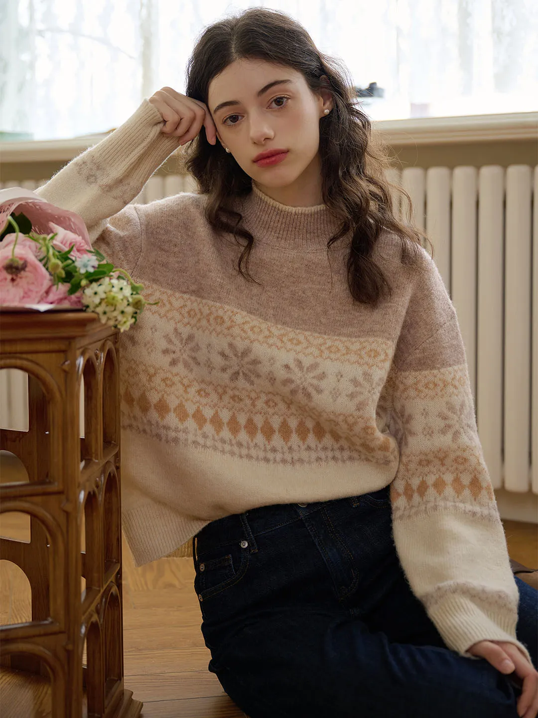 Caroline Patchwork Geometric Off-Shoulder Sweater