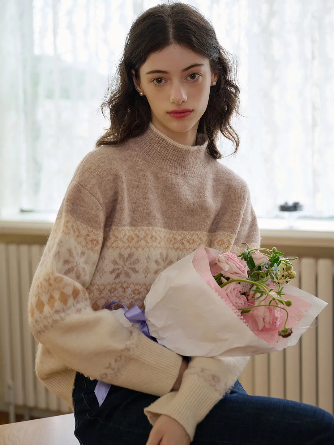 Caroline Patchwork Geometric Off-Shoulder Sweater