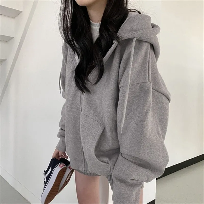 Casual Solid Zip Up Hooded