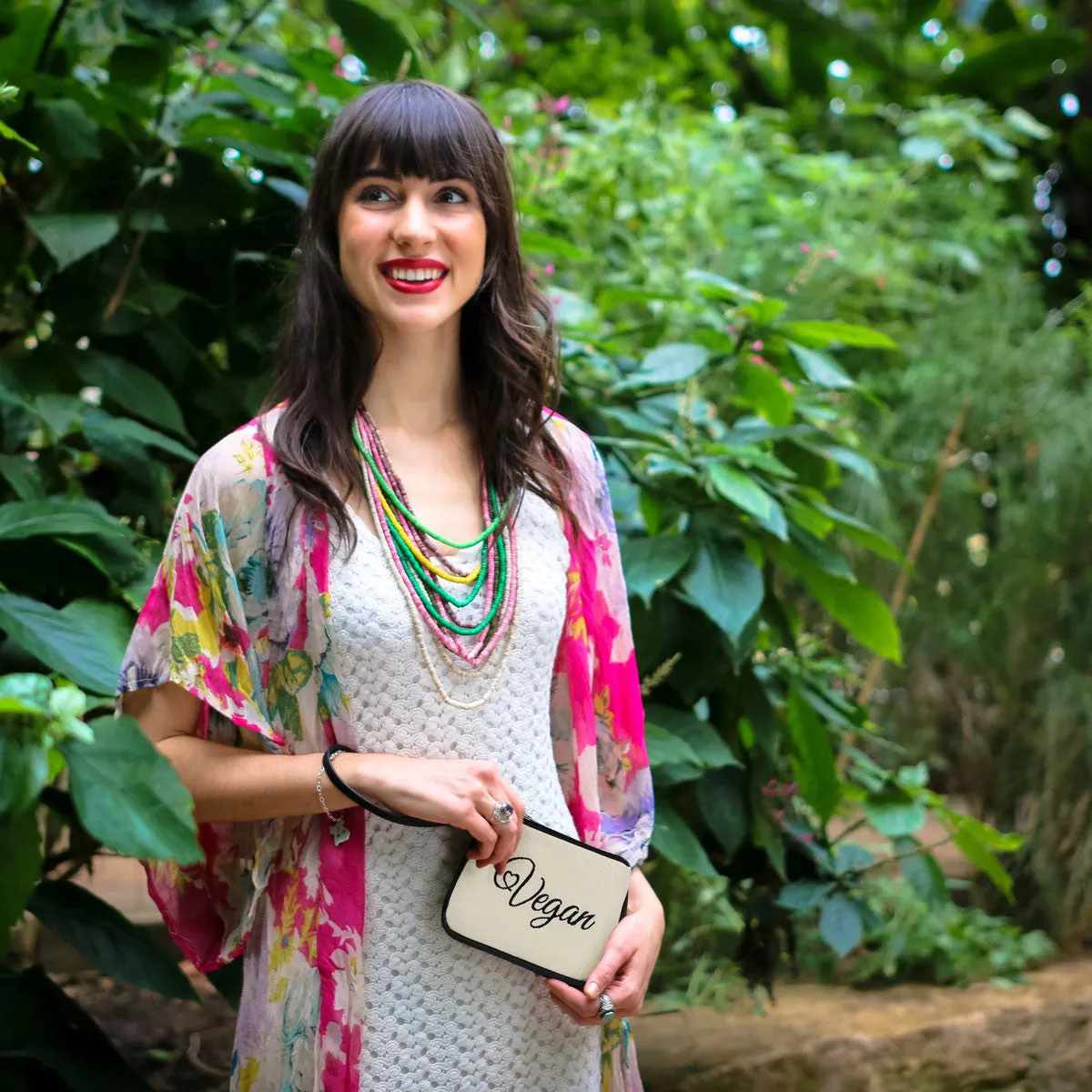 Embroidered Canvas Vegan Script Wristlet (Multicolored)