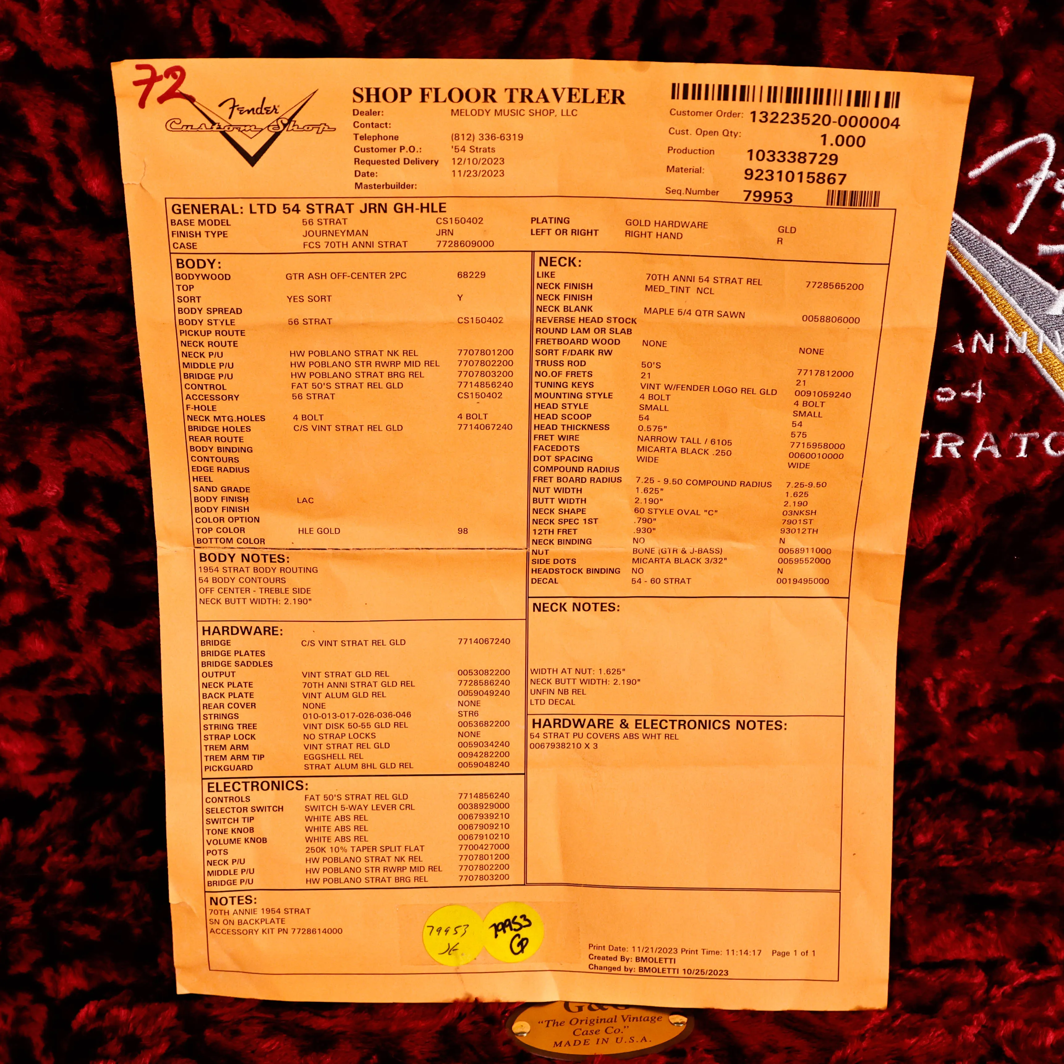 Fender Custom Shop LTD 54' Stratocaster Journeyman, Haynes Limited Edition Gold 8lbs 1.5oz